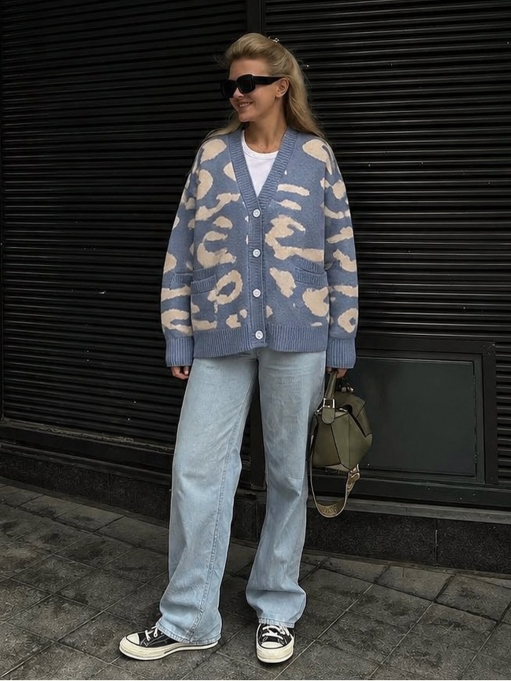 DAZY Blue Cloud Print Oversized Cardigan Knit Sweater Cozy Size M